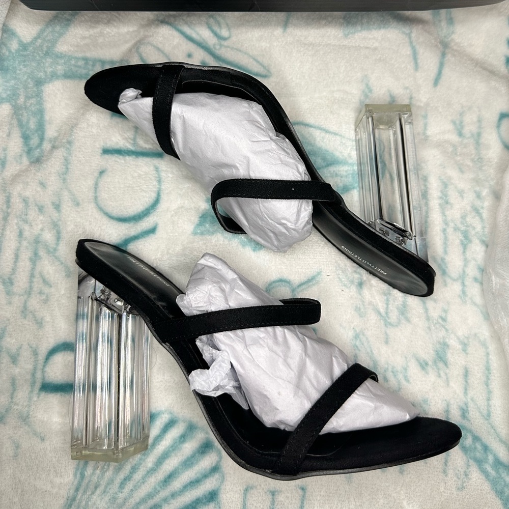 Pretty Little Thing Black Wide Fit Faux Suede Double Strap Clear Block High Heel